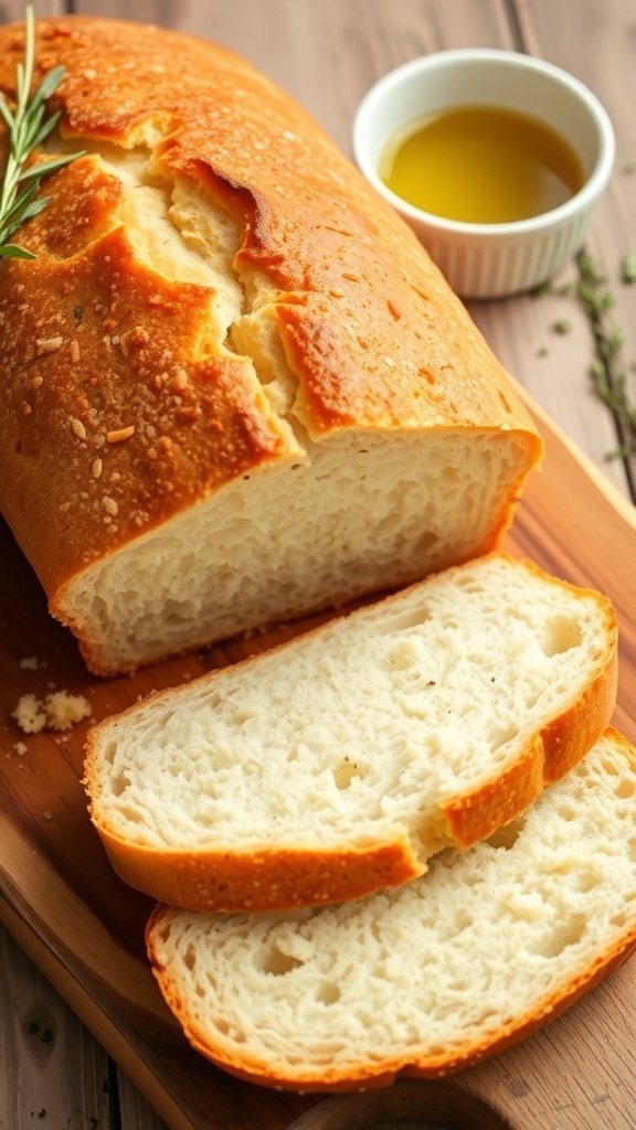 Easy Gluten-Free Bread Without Yeast A golden brown gluten-free bread loaf sliced on a wooden board, with a bowl of olive oil and herbs in the background.